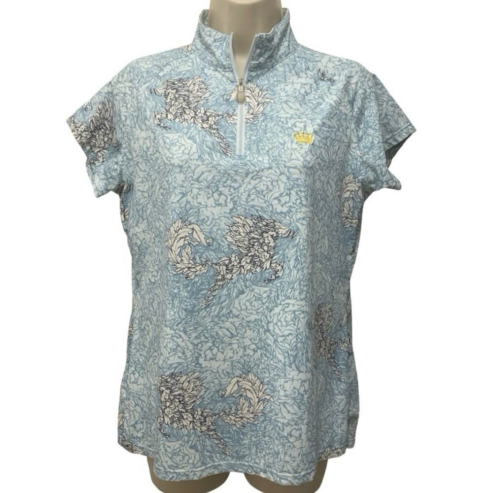 Kastel Denmark Blue Floral Horse Equestrian Quarter Zip UV Sun Shirt Womens L